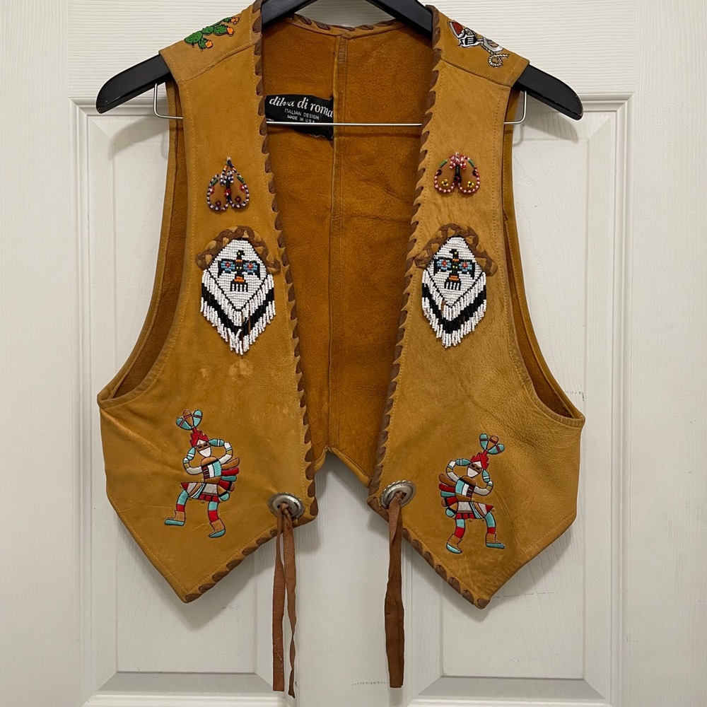 Vintage Dilva di Roma Leather Vest Beaded Western Cowboy Native American Patches